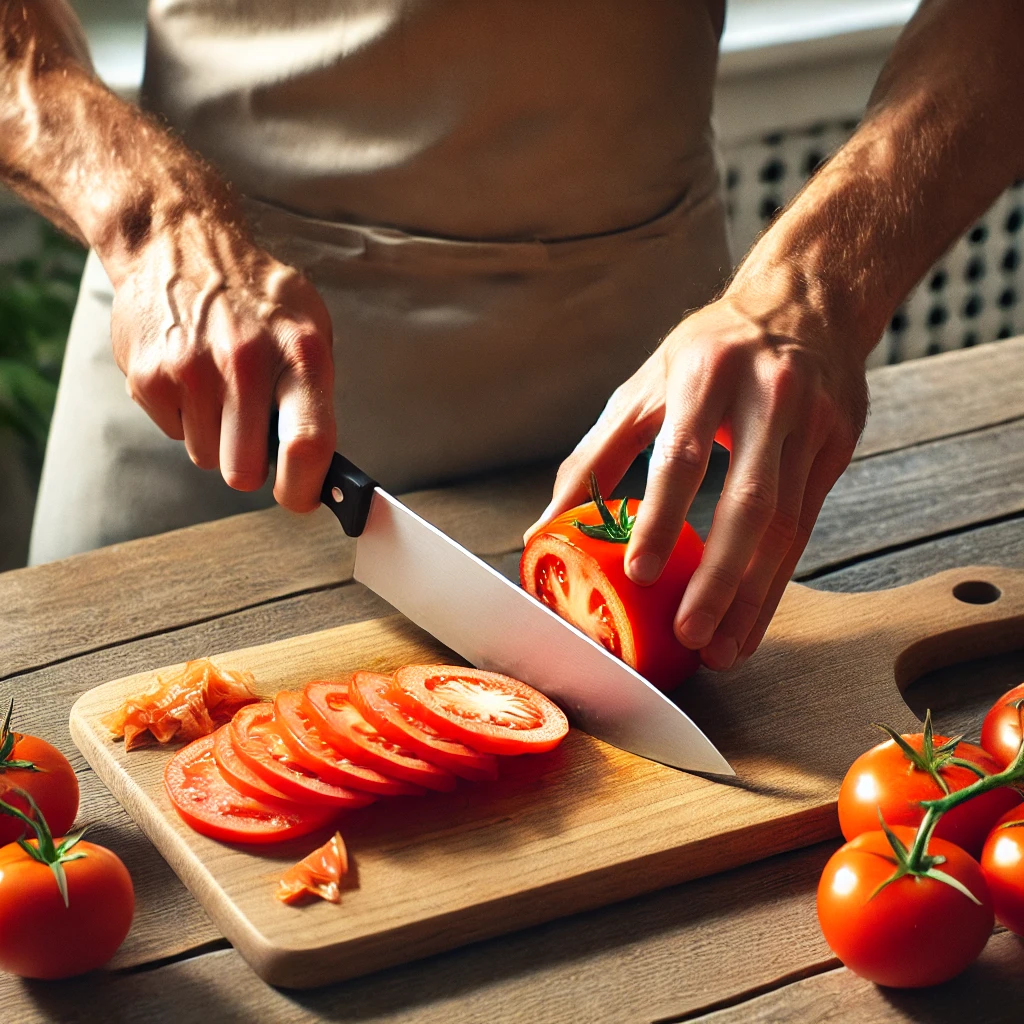 Sharp knife chopping tomatoes